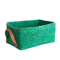 Green Rectangular Raffia Basket Leather Handles Rice DK
